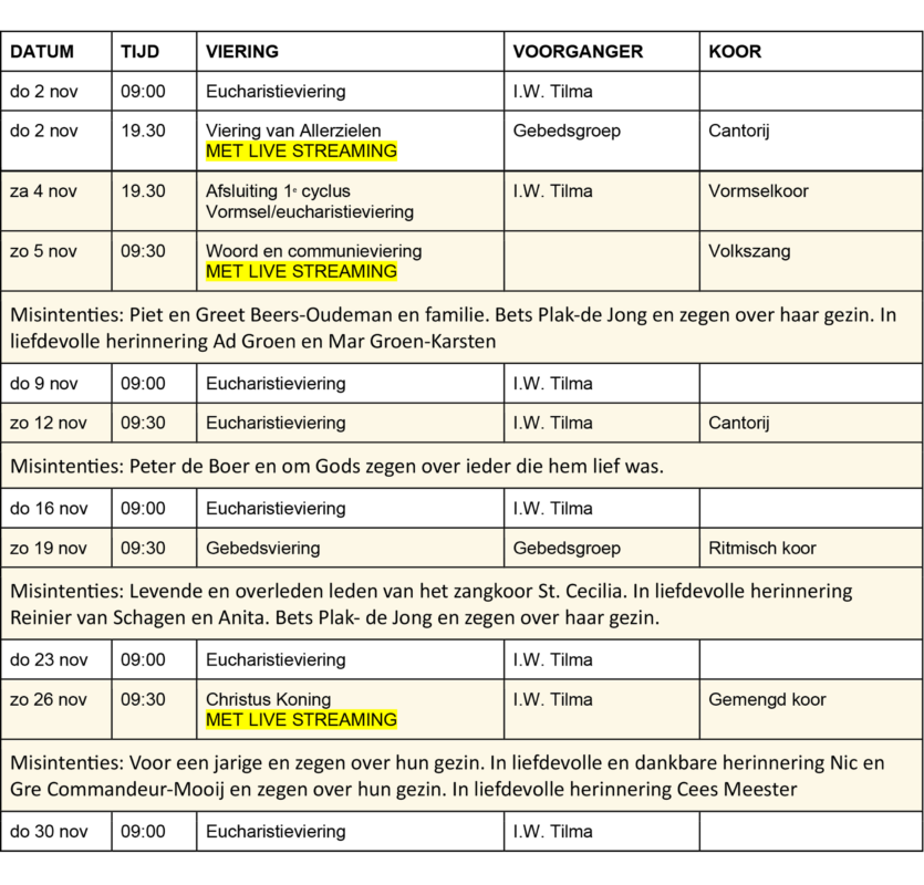 Kerkschema november